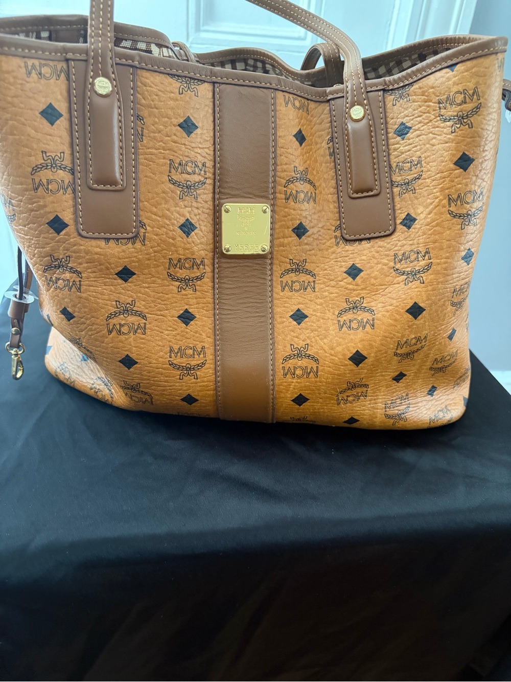 MCM Cognac Logo Visetos Tote with Brown Trim